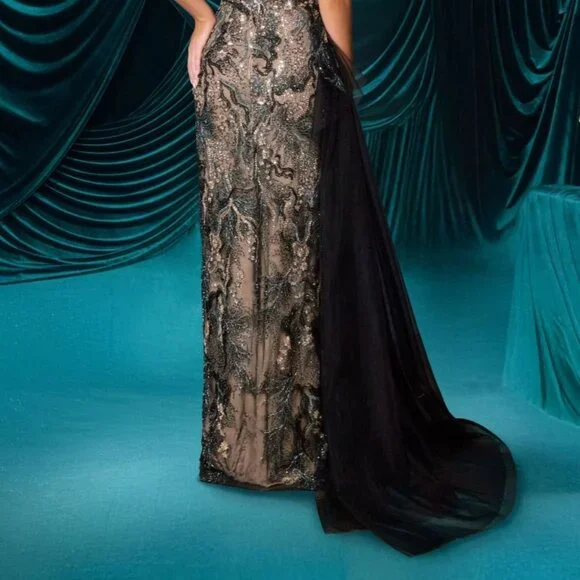 New Black Sleeveless Mother Of Bride Gown w/Beaded Overlay & Side Drape CD A1489 - Picture 13 of 13